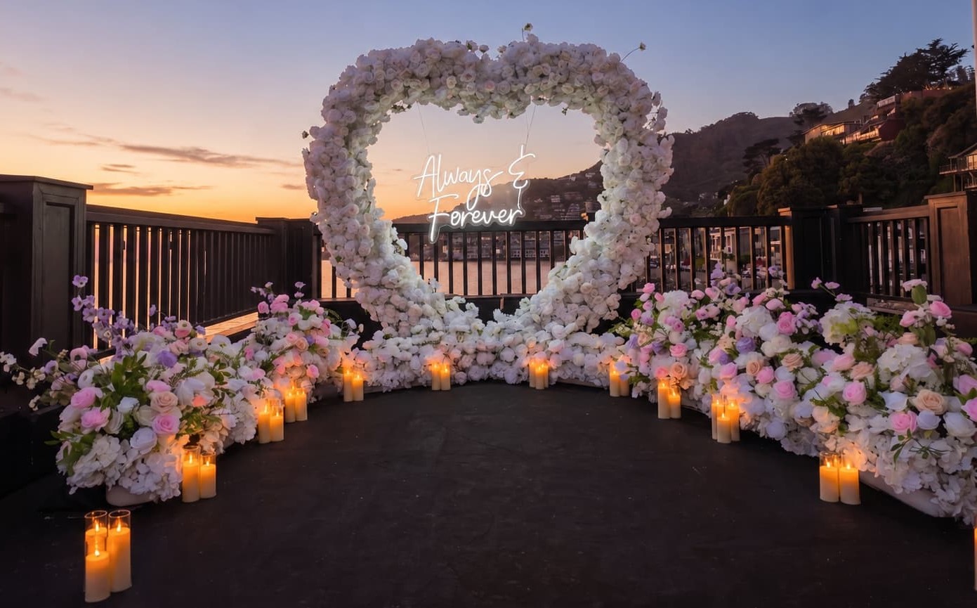 White and pink grounded florals with candle walkway proposal at Eria Sausalito