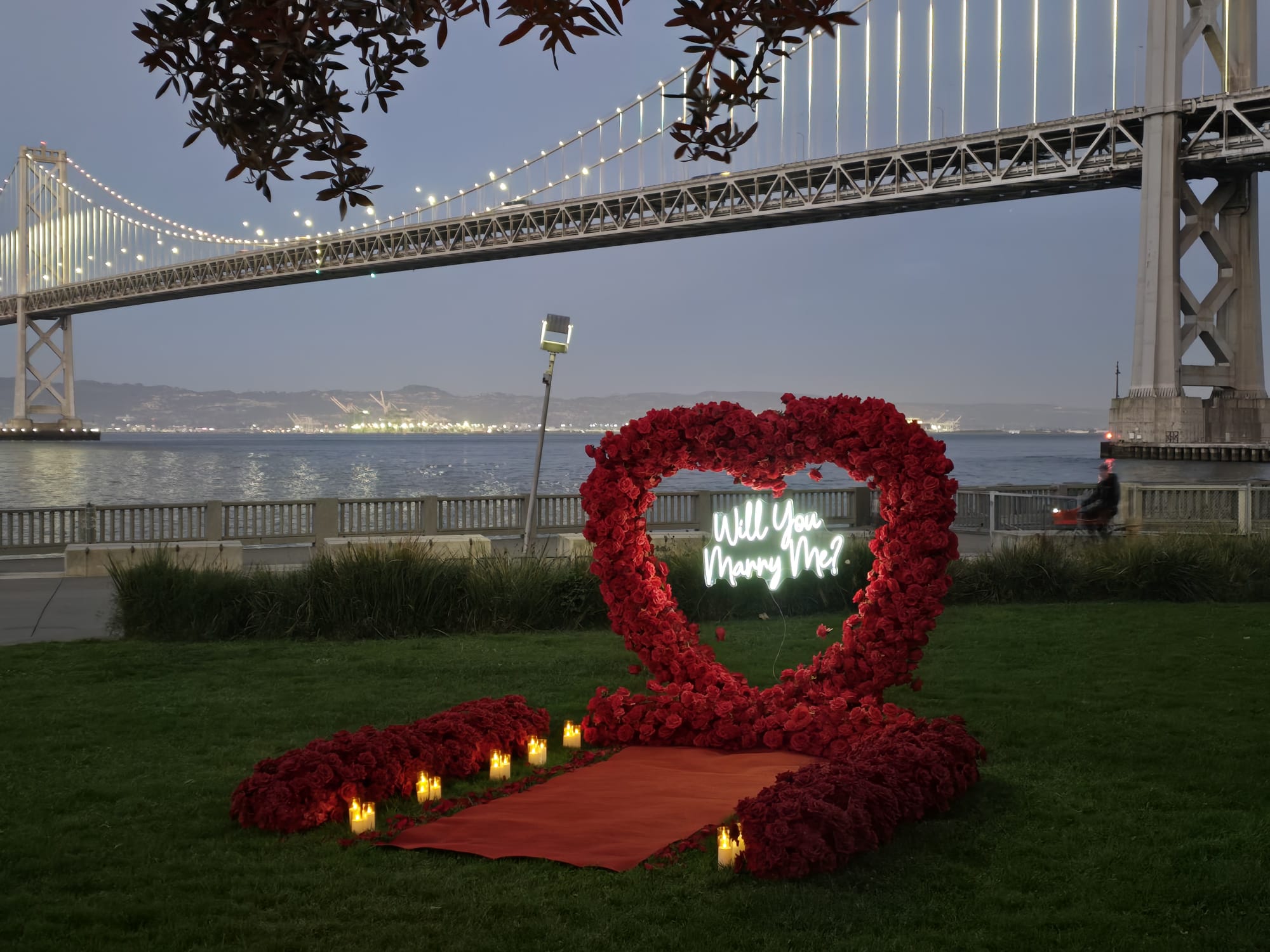 Heart arch proposal setup at the Embarcadero, San Francisco with Bay Bridge in the background