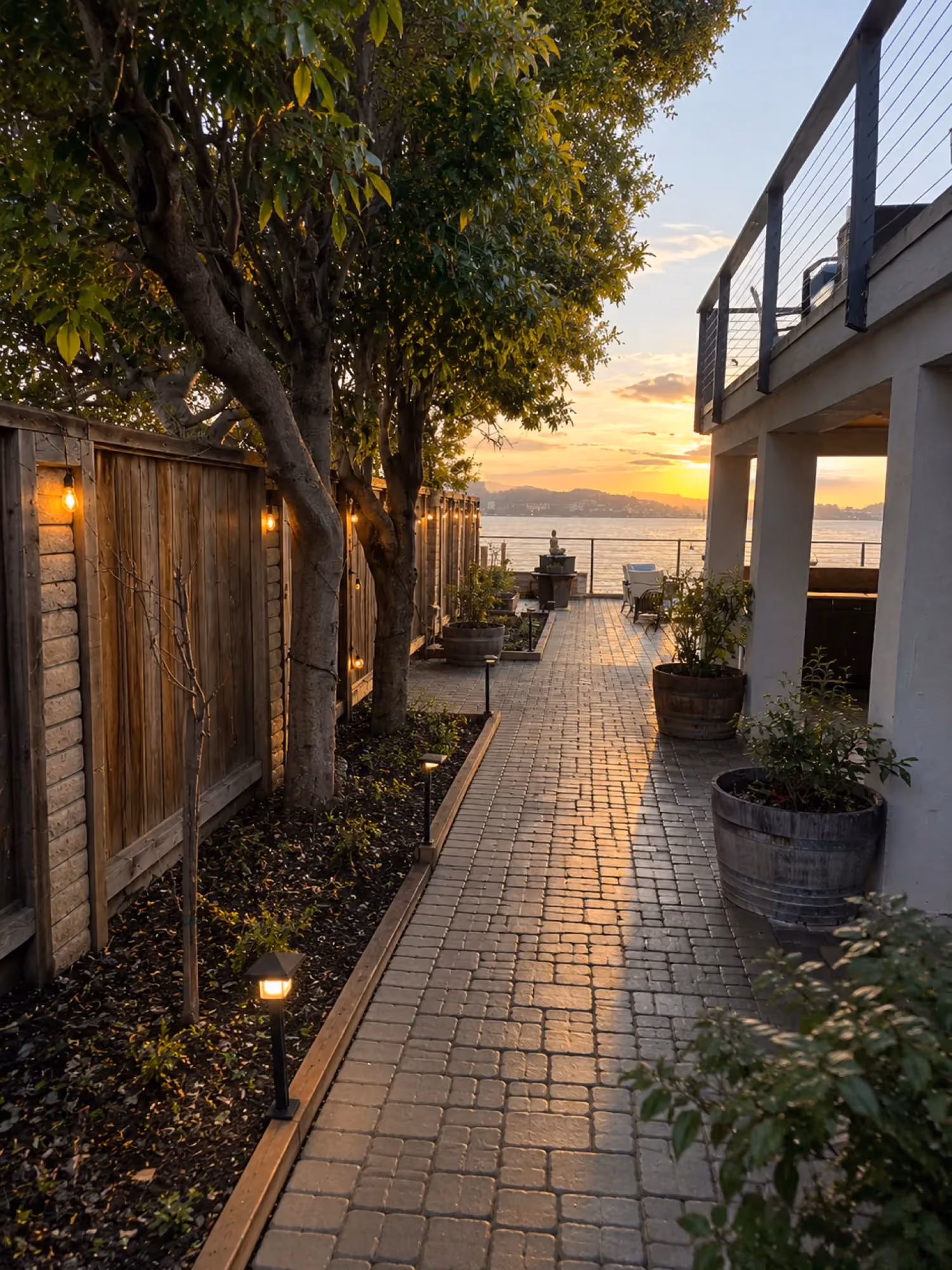 String-lit garden pathway at ERIA Corte Madera leading to a waterfront deck overlooking the bay at sunset