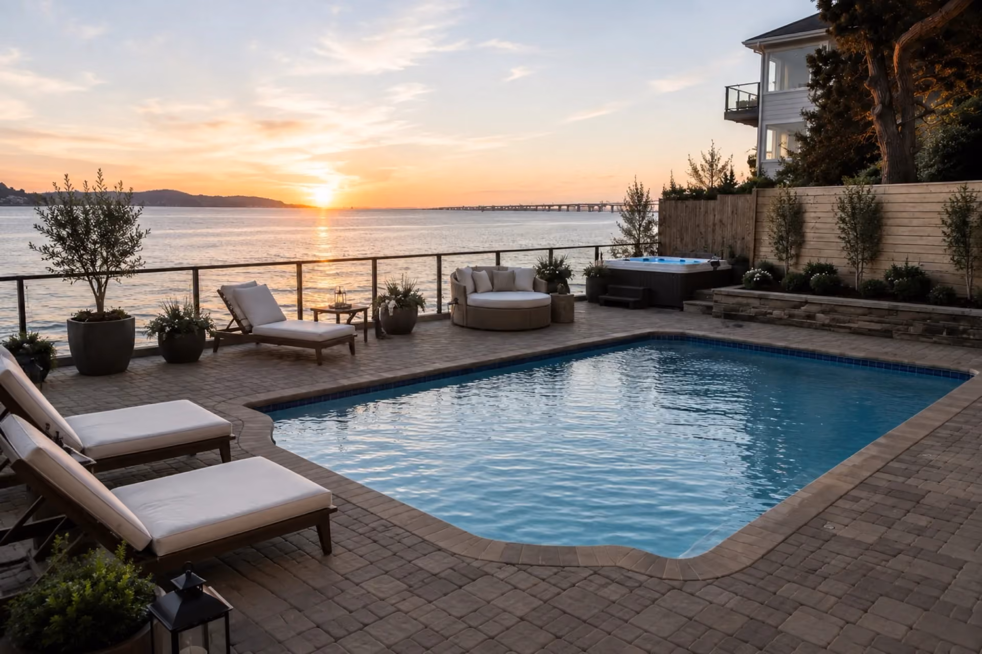 Sunset over Corte Madera Bay from the ERIA Corte Madera pool deck, with lounge chairs, a private hot tub, and the Richmond-San Rafael Bridge in the distance