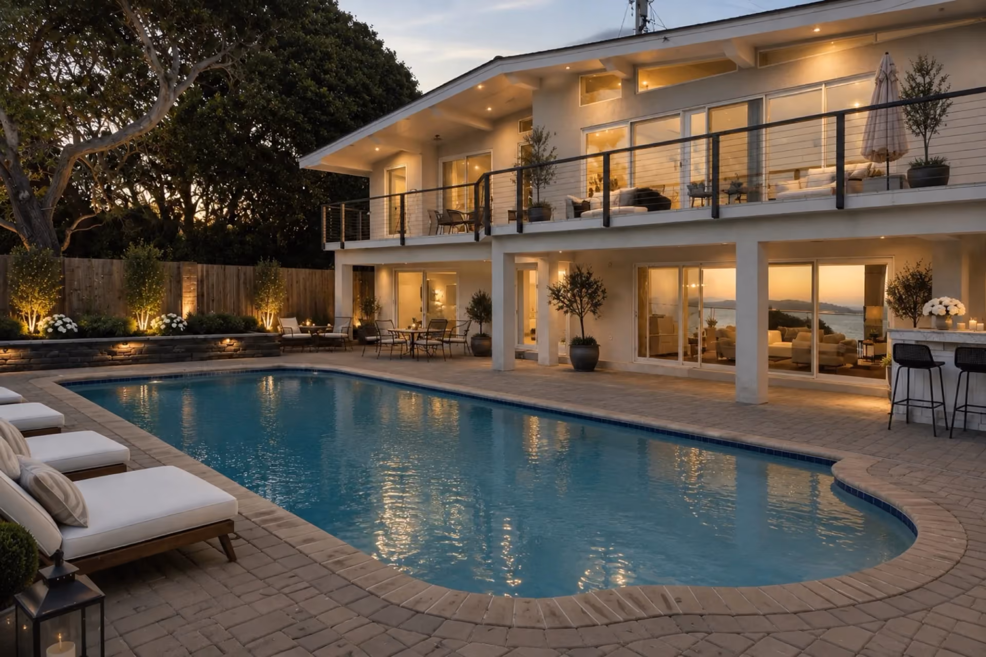 ERIA Corte Madera waterfront estate lit up at twilight with its private pool and bay-view deck