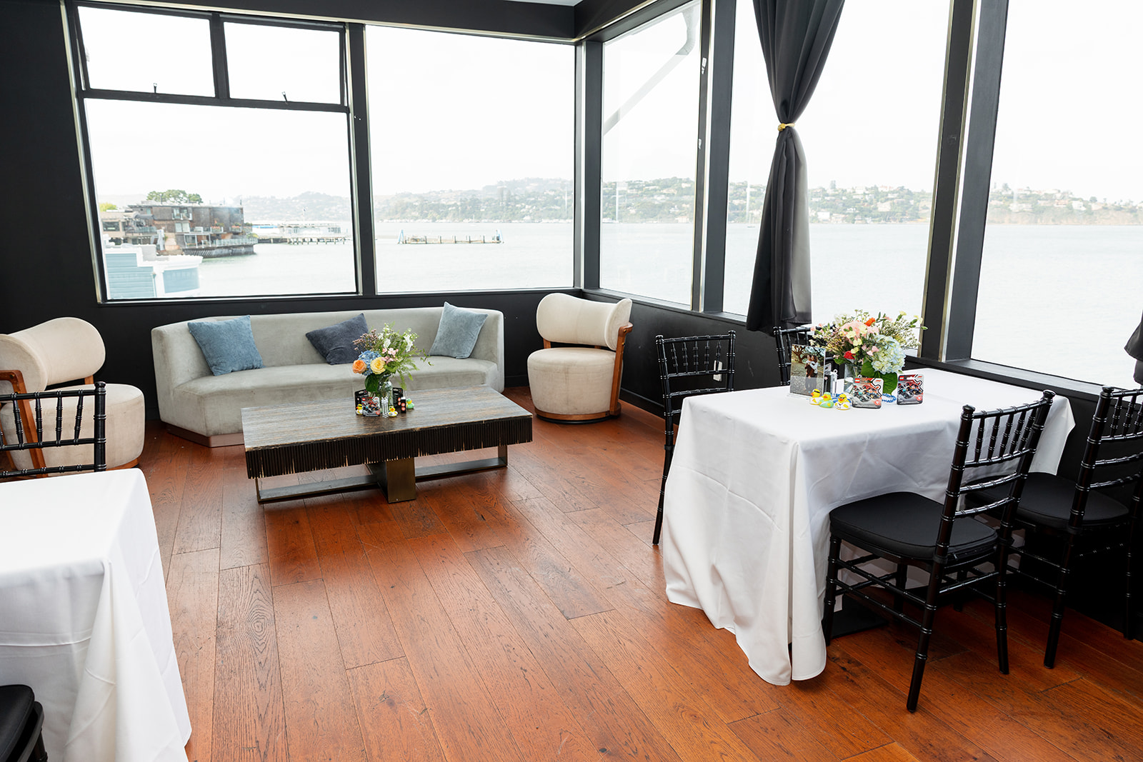 Private event setup on the ERIA Sausalito rooftop terrace with bay views