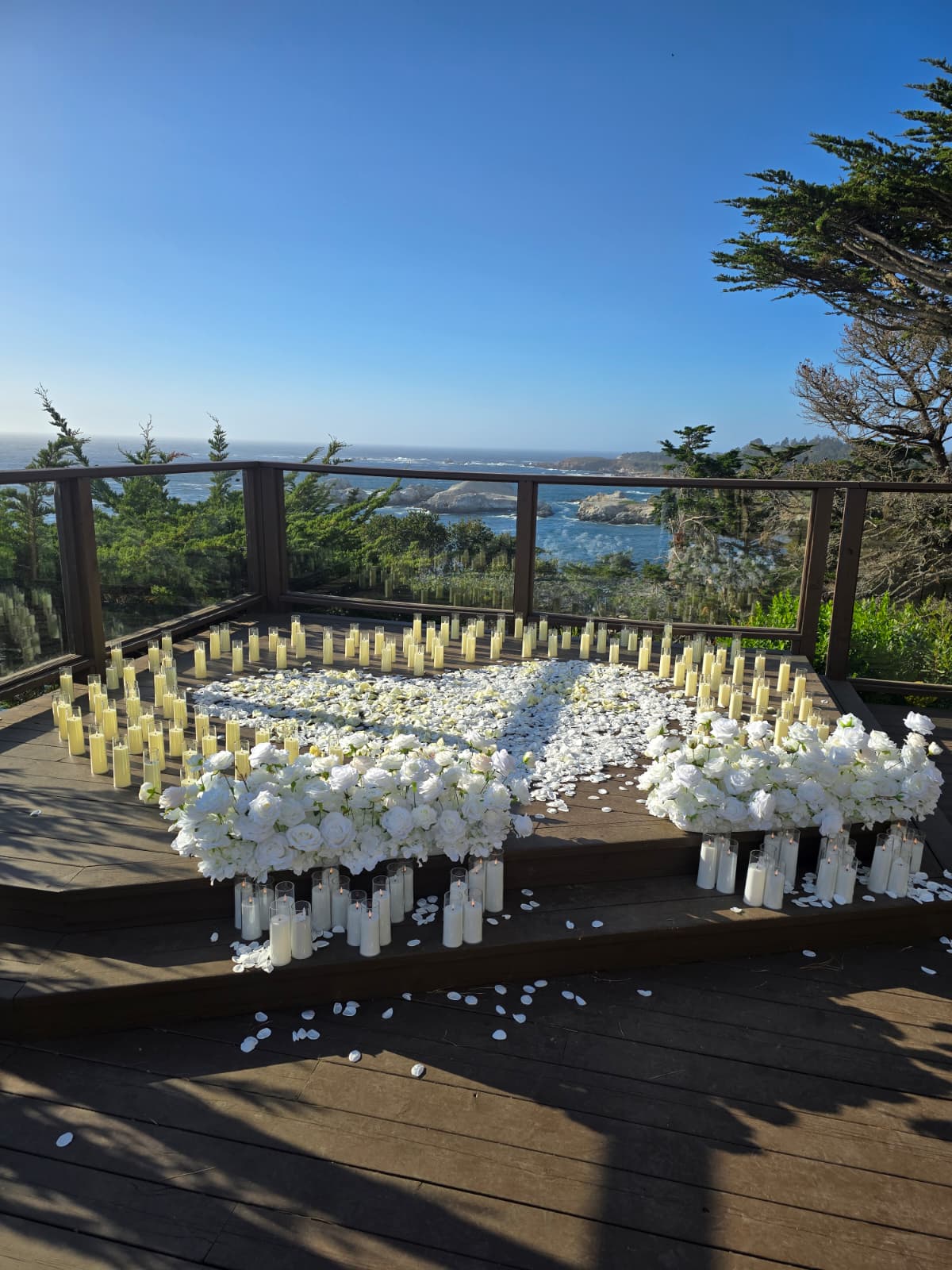 Intimate heart of candles with rose petals proposal setup at Hyatt Carmel Highlands, Carmel California
