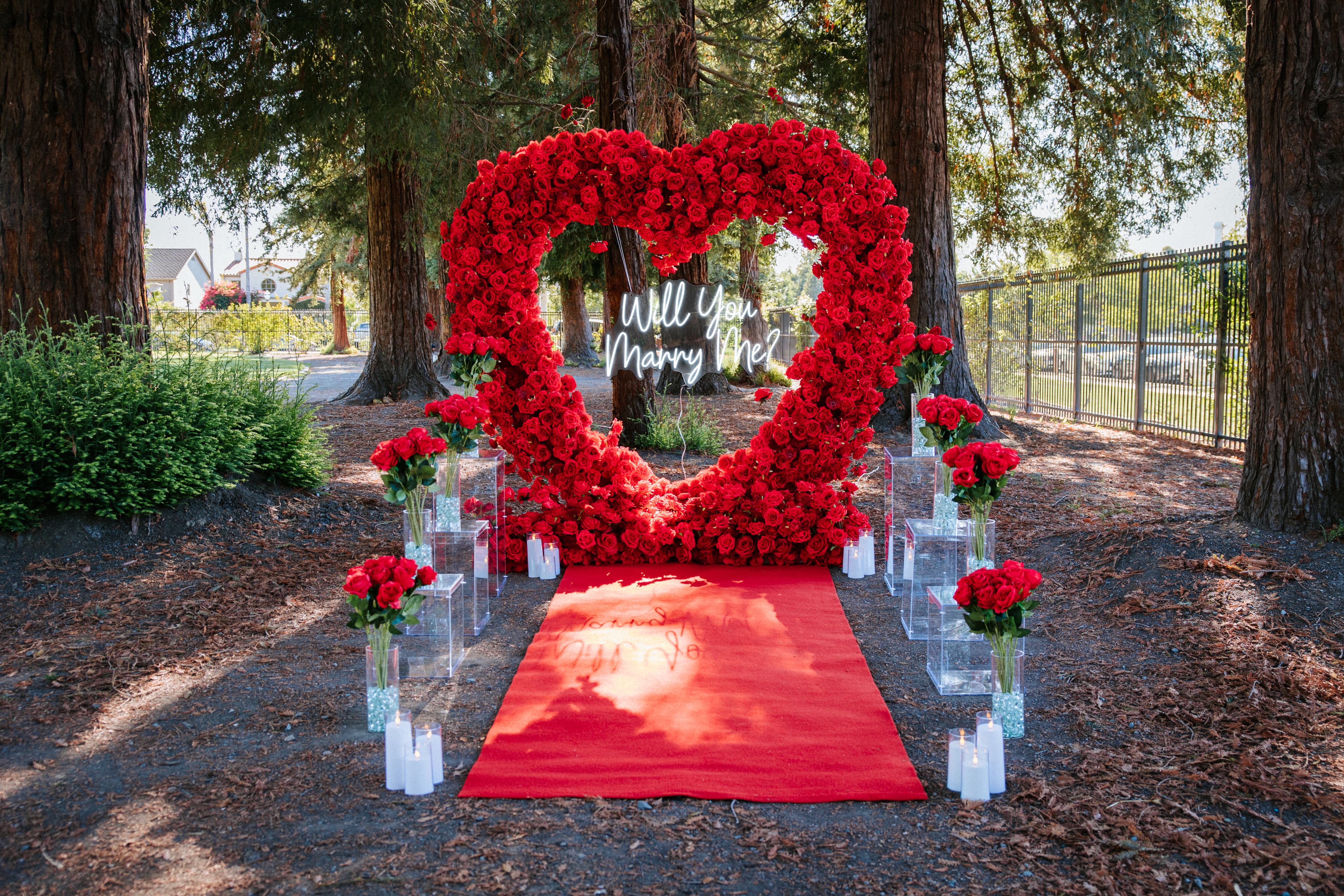 Proposal at San Jose, CA with Red Arch with Flowers in Vases and Acrylic Risers