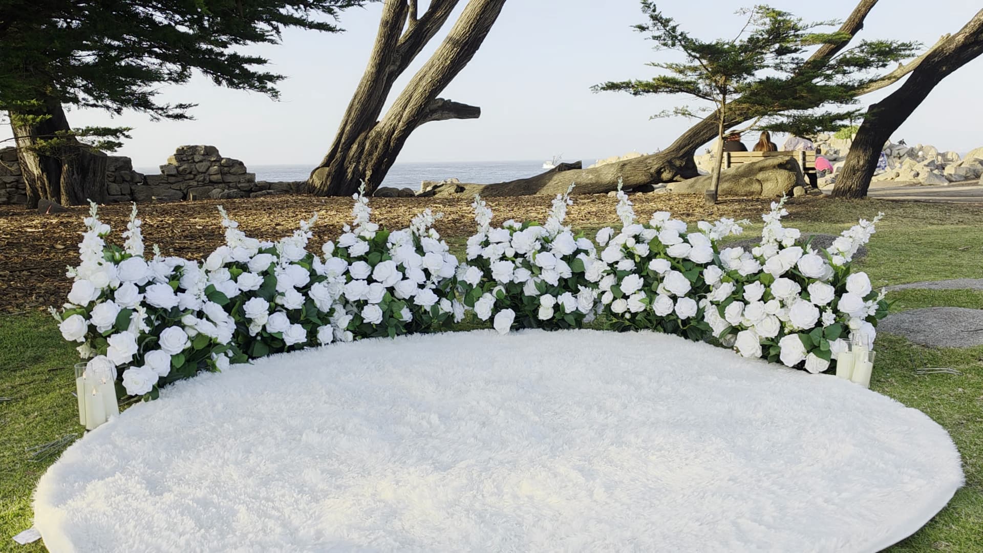 The Intimate Promise – white grounded florals with fluffy white rug at Lovers Point Park