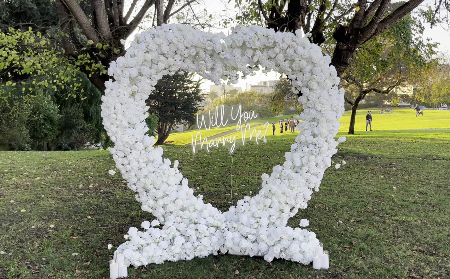 Romantic proposal setup in San Francisco at Alta Plaza Park
